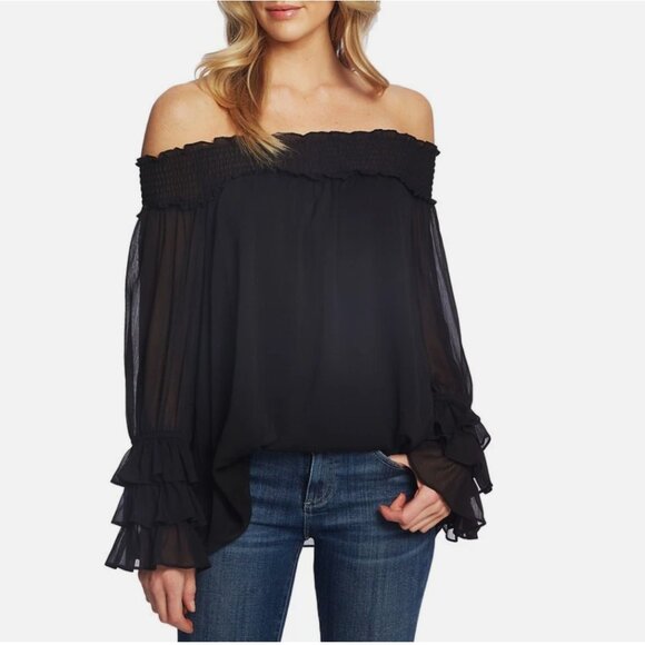 CECE Smocked Off-The-Shoulder Top in Black Sz L - NWT!! - Picture 1 of 9